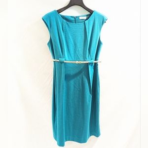 Women's Size 12 Calvin Klein Sleeveless Aqua Knee Length Dress With Gold Belt